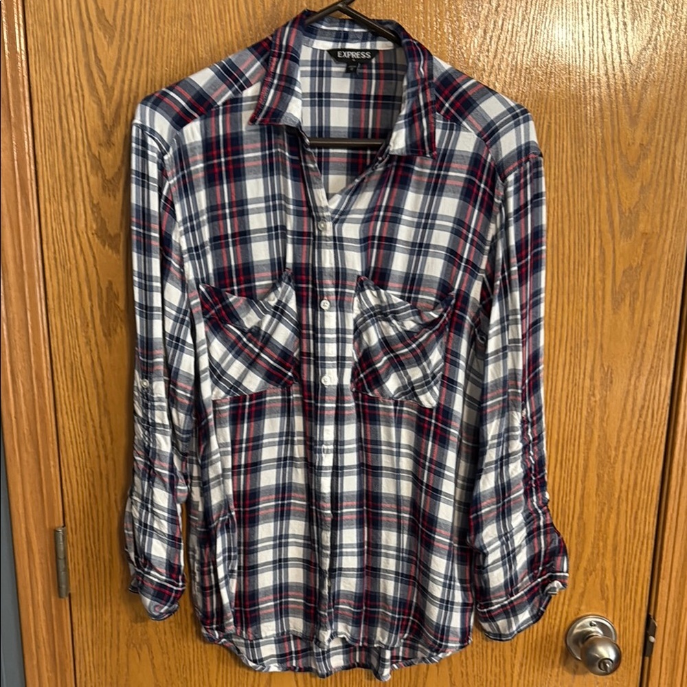 Express Red and Blue Plaid Button Down Shirt